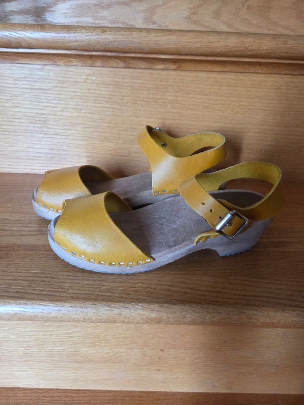 MIA Mustard Yellow Leather Wooden Sandals Size 38